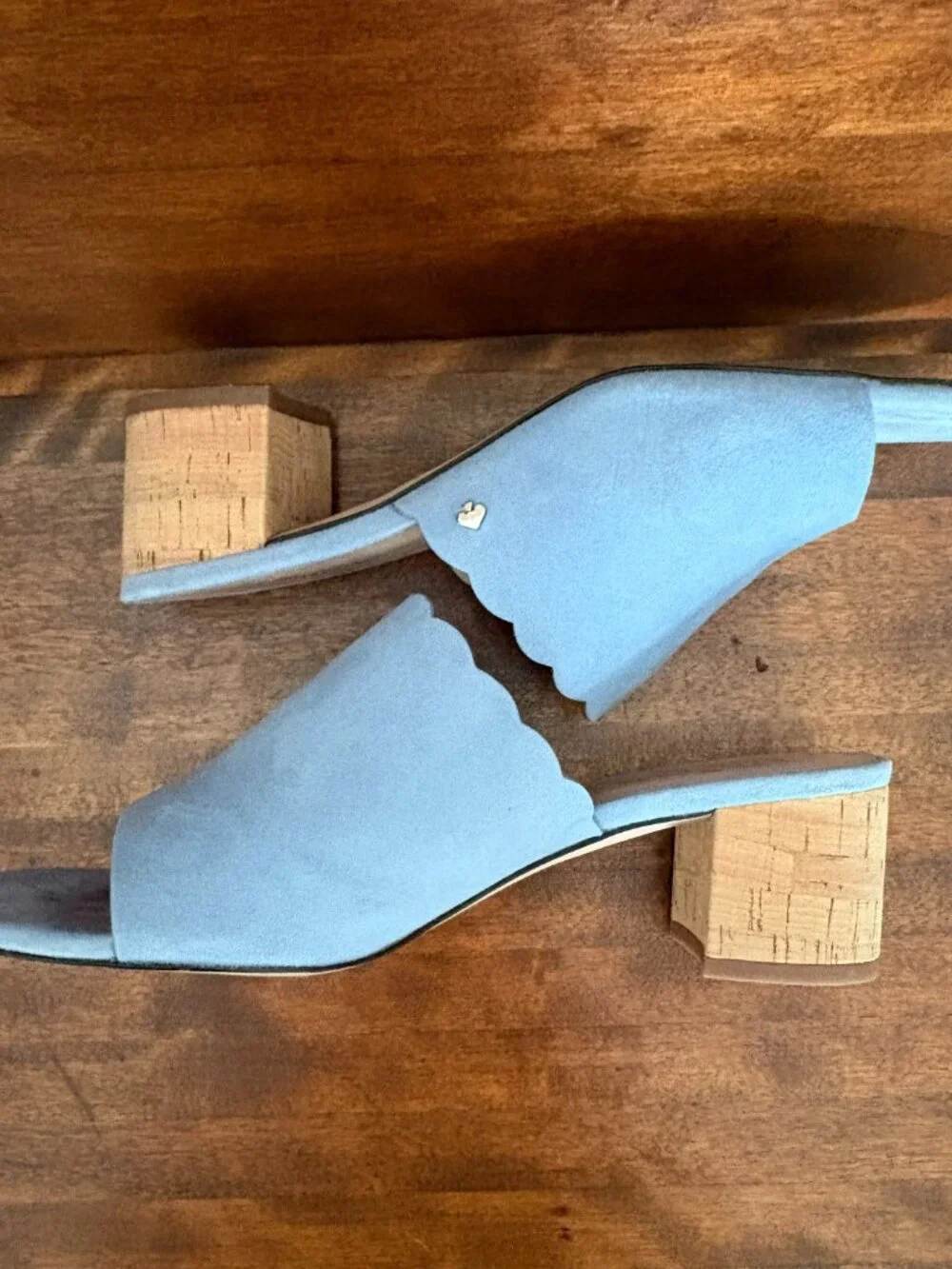 Kate Spade Blythe Blue Suede Scallop Cork Block Heel Mule Sandals Coastal Chic 8